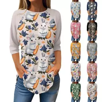 Женские модные повседневные топы для выхода в свет с принтом и рукавом реглан, пуловер с рукавами 3/4, топы с круглым вырезом S бежевый