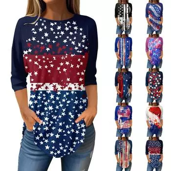 Женские модные повседневные топы для выхода в свет с принтом и рукавом реглан, пуловер с рукавами 3/4, топы с круглым вырезом M красный