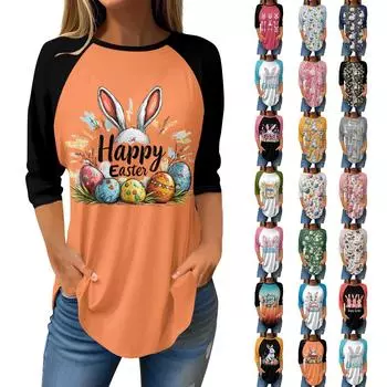 Женские модные повседневные топы для выхода в свет с принтом и рукавом реглан, пуловер с рукавами 3/4, топы с круглым вырезом L армия зеленый