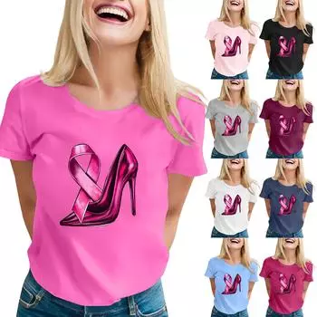 Женские модные повседневные топы с короткими рукавами и круглым вырезом, плиссированные топы с короткими рукавами и принтом L чёрный