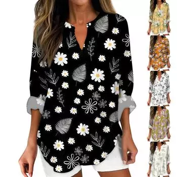 Женские модные повседневные топы с v-образным вырезом и длинным рукавом с цветочным принтом XL