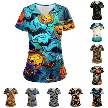 Женские модные повседневные топы с V-образным вырезом на пуговицах и принтом на Хэллоуин, топы для кормящих мам, женские халаты, 2 кармана XL