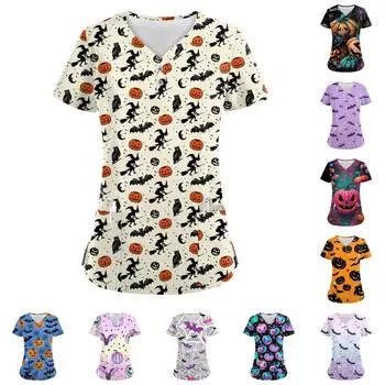 Женские модные повседневные топы с V-образным вырезом на пуговицах и принтом на Хэллоуин, топы для кормящих мам, женские халаты, 2 кармана XL