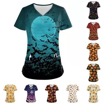 Женские модные повседневные топы с V-образным вырезом на пуговицах и принтом на Хэллоуин, топы для кормящих мам, женские халаты, 2 кармана XXXXXL белый