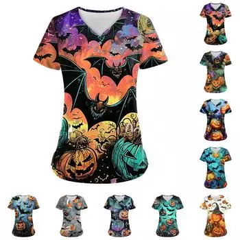 Женские модные повседневные топы с V-образным вырезом на пуговицах и принтом на Хэллоуин, топы для кормящих мам, женские халаты, 2 кармана XXXL циан
