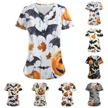 Женские модные повседневные топы с V-образным вырезом на пуговицах и принтом на Хэллоуин, топы для кормящих мам, женские халаты, 2 кармана XXL белый