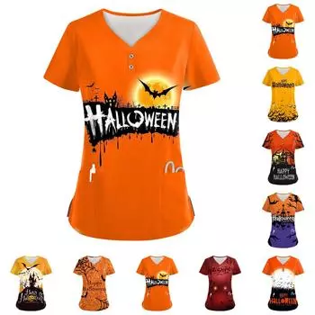 Женские модные повседневные топы с V-образным вырезом на пуговицах и принтом на Хэллоуин, топы для кормящих мам, женские халаты, 2 кармана S белый
