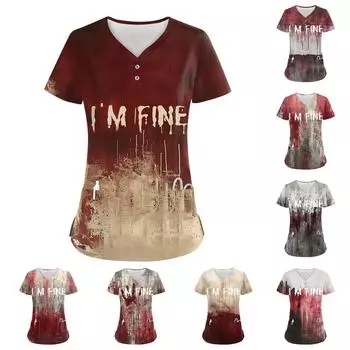 Женские модные повседневные топы с V-образным вырезом на пуговицах и принтом на Хэллоуин, топы для кормящих мам, женские халаты, 2 кармана L