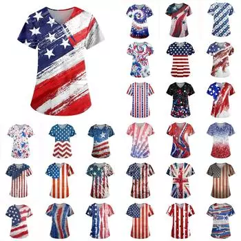 Женские модные повседневные топы с v-образным вырезом и защитная спецодежда с принтом ко Дню независимости L синий