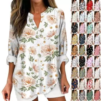 Женские модные повседневные топы с v-образным вырезом и длинным рукавом с цветочным принтом XXXL белый