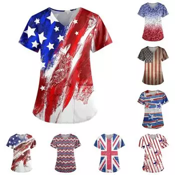 Женские модные повседневные топы с v-образным вырезом и защитная спецодежда с принтом ко Дню независимости L синий