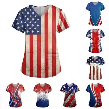 Женские модные повседневные топы с v-образным вырезом и защитная спецодежда с принтом ко Дню независимости L синий
