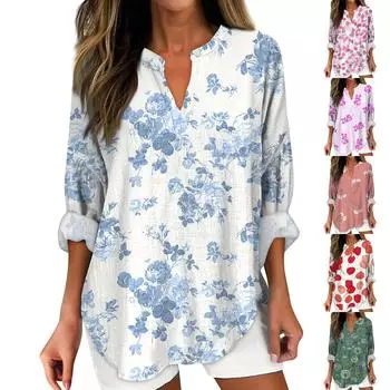 Женские модные повседневные топы с v-образным вырезом и длинным рукавом с цветочным принтом XXXL красный