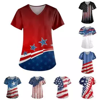 Женские модные повседневные топы с v-образным вырезом и защитная спецодежда с принтом ко Дню независимости L чёрный