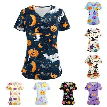 Женские модные повседневные топы с V-образным вырезом на пуговицах и принтом на Хэллоуин, топы для кормящих мам, женские халаты, 2 кармана XXXXXL чёрный