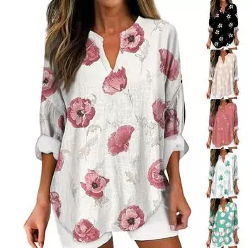 Женские модные повседневные топы с v-образным вырезом и длинным рукавом с цветочным принтом L бежевый