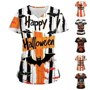 Женские модные повседневные топы с V-образным вырезом на пуговицах и принтом на Хэллоуин, топы для кормящих мам, женские халаты, 2 кармана XXXL