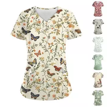 Женские модные повседневные топы с V-образным вырезом и цветочным принтом, топы для кормящих мам, топы-халаты для женщин, 2 кармана S