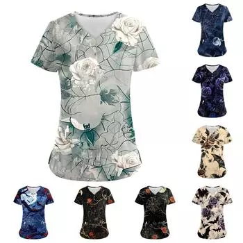 Женские модные повседневные топы с V-образным вырезом на пуговицах и принтом на Хэллоуин, топы для кормящих мам, женские халаты, 2 кармана M