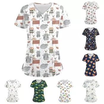Женские модные повседневные топы с V-образным вырезом и принтом мелких животных, топы для кормящих матерей, топы-халаты для женщин, 2 кармана M