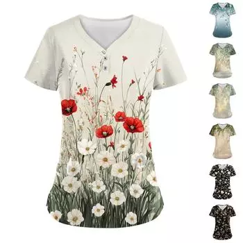 Женские модные повседневные топы с V-образным вырезом и цветочным принтом, топы для кормящих мам, топы-халаты для женщин, 2 кармана S