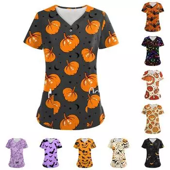 Женские модные повседневные топы с V-образным вырезом на пуговицах и принтом на Хэллоуин, топы для кормящих мам, женские халаты, 2 кармана S чёрный