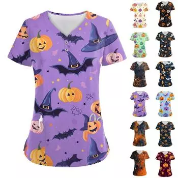 Женские модные повседневные топы с V-образным вырезом на пуговицах и принтом на Хэллоуин, топы для кормящих мам, женские халаты, 2 кармана XXXXL оранжевый
