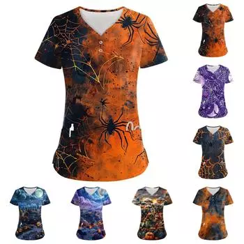 Женские модные повседневные топы с V-образным вырезом на пуговицах и принтом на Хэллоуин, топы для кормящих мам, женские халаты, 2 кармана XXXXXL оранжевый