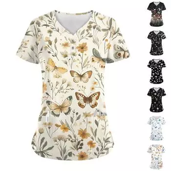 Женские модные повседневные топы с V-образным вырезом и цветочным принтом, топы для кормящих мам, топы-халаты для женщин, 2 кармана XXL белый