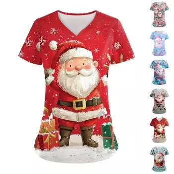 Женские модные повседневные топы с V-образным вырезом и рождественским принтом, топы Dry-nurse, топы-халаты для женщин, 2 кармана S красный