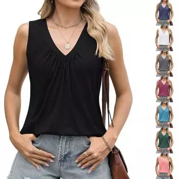 Женские модные повседневные топы с V-образным вырезом, летние топы без рукавов L чёрный
