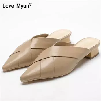 Женские модные повседневные туфли с перекрещивающимися бретельками и острым носком, полуслайды на среднем толстом каблуке, женские тапочки, потертые мюли, туфли 869 4 хаки