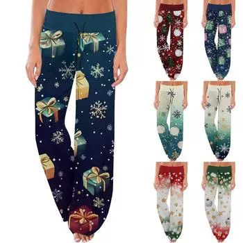 Женские модные повседневные удобные пижамные брюки с рождественским принтом, широкие брюки на шнурке M белый