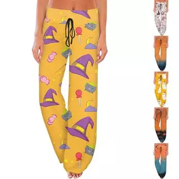 Женские модные повседневные удобные пижамные брюки с принтом и широкими штанинами на шнурке M жёлтый