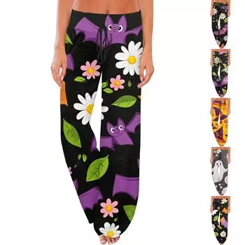 Женские модные повседневные удобные пижамные брюки с принтом и широкими штанинами на шнурке L оранжевый