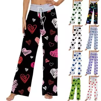 Женские модные повседневные удобные пижамные брюки с принтом и широкими штанинами на шнурке L чёрный