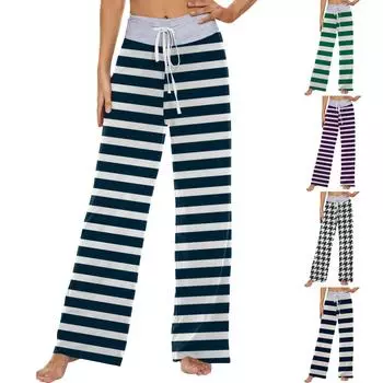 Женские модные повседневные удобные пижамные штаны с принтом в полоску, широкие брюки на шнурке L чёрный