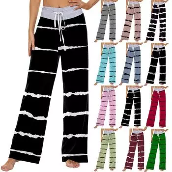 Женские модные повседневные удобные пижамные штаны с принтом в полоску, широкие брюки на шнурке L чёрный