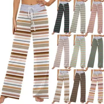 Женские модные повседневные удобные пижамные штаны с принтом в полоску, широкие брюки на шнурке L бежевый