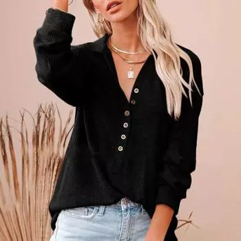 Женские модные повседневные весенне-осенние однотонные блузки и рубашки с длинным рукавом с воротником-поло и принтом S