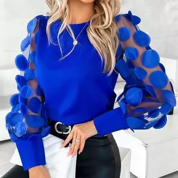 Женские модные повседневные весенне-осенние однотонные блузки и рубашки с круглым вырезом и длинными рукавами с принтом, пуловеры S синий