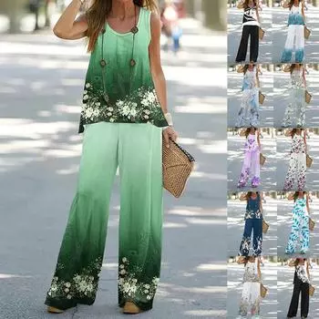 Женские модные повседневные весенне-осенние рубашки с цветочным принтом без рукавов и круглым вырезом, брюки, костюмы XXXL