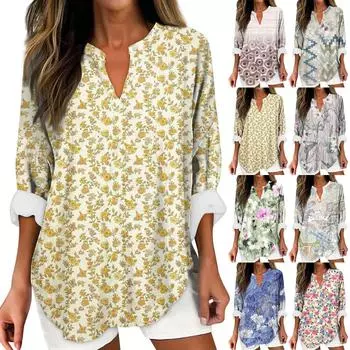 Женские модные повседневные женские топы из конопли с заниженными плечами и длинным рукавом с v-образным вырезом и принтом S хаки