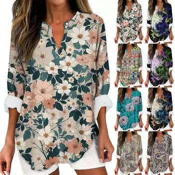 Женские модные повседневные женские топы из конопли с заниженными плечами и длинным рукавом с v-образным вырезом и принтом XXXL