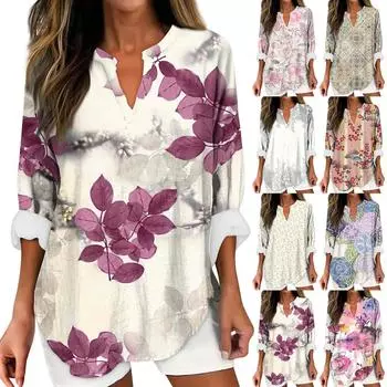 Женские модные повседневные женские топы из конопли с заниженными плечами и длинным рукавом с v-образным вырезом и принтом L