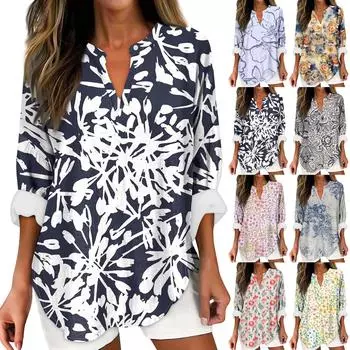 Женские модные повседневные женские топы из конопли с заниженными плечами и длинным рукавом с v-образным вырезом и принтом XL