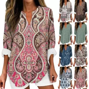 Женские модные повседневные женские топы из конопли с заниженными плечами и длинным рукавом с v-образным вырезом и принтом M синий