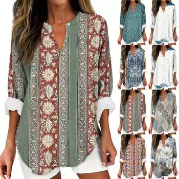 Женские модные повседневные женские топы из конопли с заниженными плечами и длинным рукавом с v-образным вырезом и принтом L серый