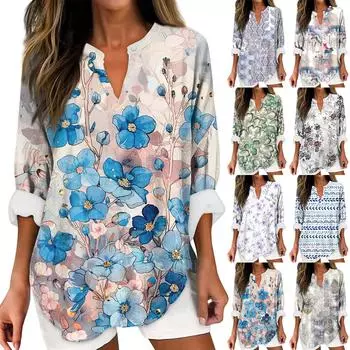 Женские модные повседневные женские топы из конопли с заниженными плечами и длинным рукавом с v-образным вырезом и принтом XXL