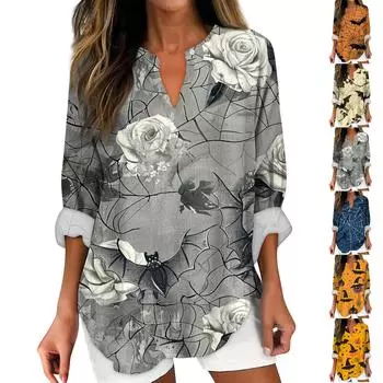 Женские модные повседневные женские топы с v-образным вырезом и заниженными плечами и принтом на Хэллоуин XXL бежевый